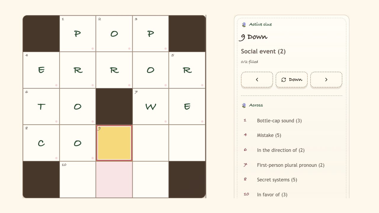 Actual Our Game Date crossword room with a partially filled puzzle.